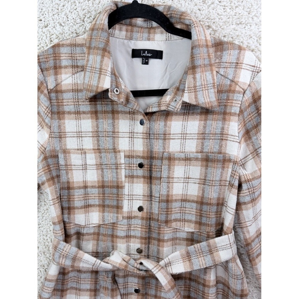 Lulus Plaid Shirt Dress Women Medium Tan NWT Western Long Sleeve Belted Mini‎